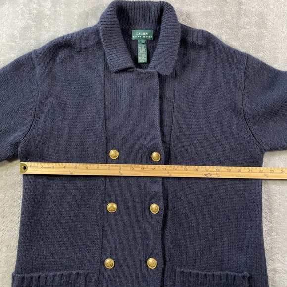 Lauren Ralph Lauren Cardigan Women Small Navy Blue Wool Camel‎ Hair Gold Buttons - Picture 4 of 11